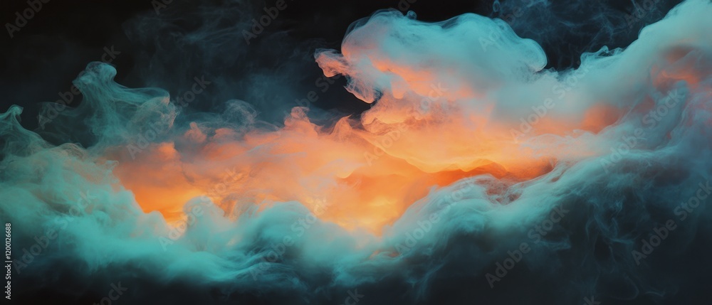 Poster wisps of swirling smoke create an ethereal atmosphere with vibrant colors in dynamic patterns