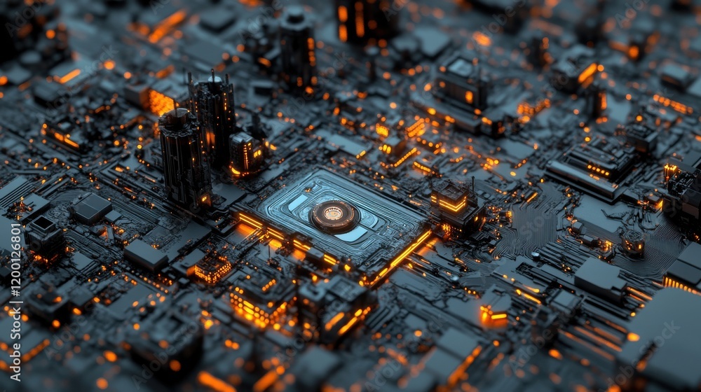 Poster aerial view of a futuristic cityscape with glowing circuits and structures, highlighting technology