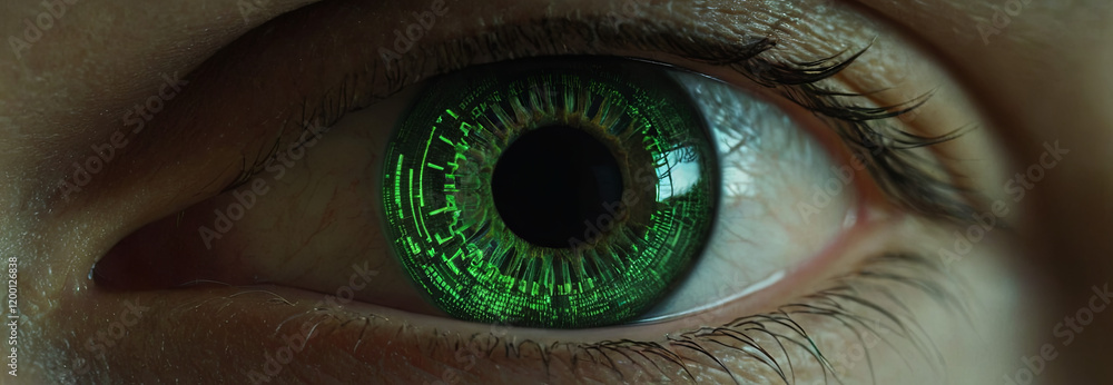 Poster a close-up view captures a mesmerizing green eye, showcasing complex digital patterns. the vibrant c