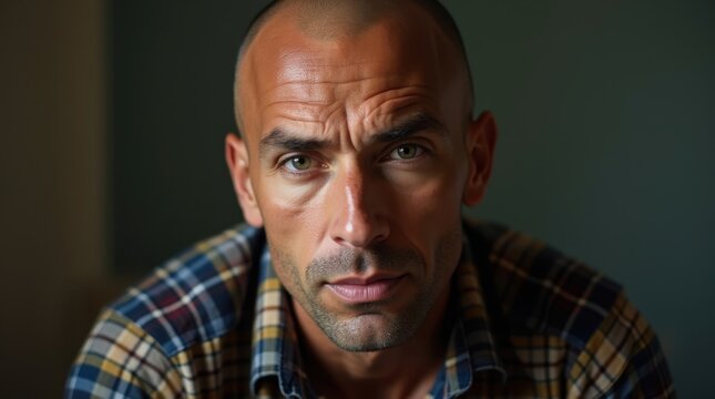 Close-up portrait of a serious-looking middle-aged man with short, brown hair and a plaid shirt. His intense gaze and expression create a contemplative mood.