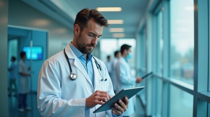 A male doctor of Caucasian ethnicity uses a tablet computer in a modern hospital hallway.  He's wearing a white coat and stethoscope.