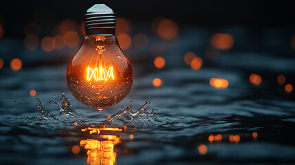 A single lightbulb floating partially submerged on calm clear water representing innovation ideas clarity and introspection with modern blurred background empty space for text or captions

