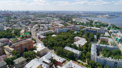 City view from above with many buildings and a river