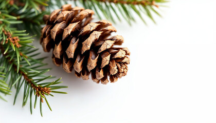 Pine cone and evergreen branches arranged on a white surface, perfect for seasonal decoration and crafts