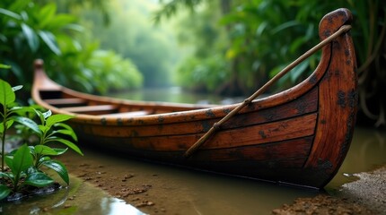 A weathered wooden canoe rests gently in a calm, jungle stream. Lush green foliage surrounds the serene scene, casting a tranquil mood.