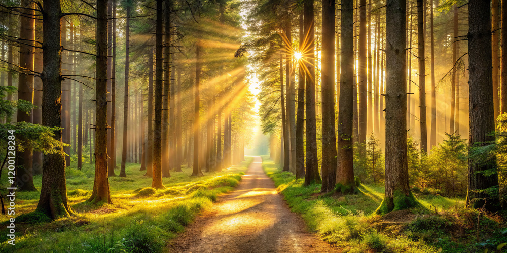 Poster soft rays of sunlight spill through towering pine trees along a winding path in a tranquil forest se