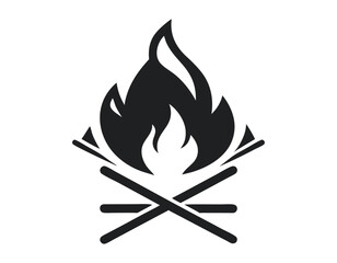 campfire icon with crossed sticks in black and white, perfect for outdoor adventure, camping, and survival themes. simple and bold design suitable for logos, signs, and illustrations.
