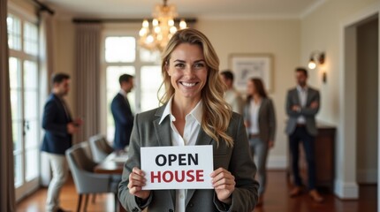 Smiling Caucasian real estate agent holding an Open House sign. Potential buyers are visible in the background.