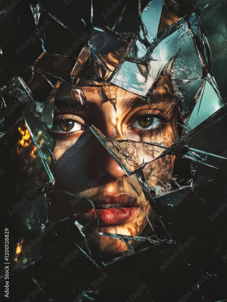 Leinwandbilder shattered reflections convey the complexity of identity through fragmented glass and a persons face.