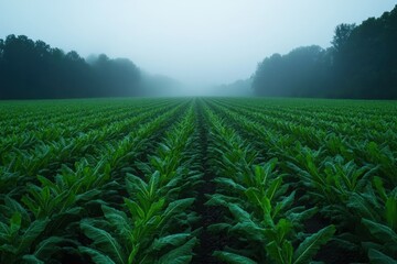 Tobacco plants glisten in the warm glow of sunrise across a vast green field with rows stretching into the horizon