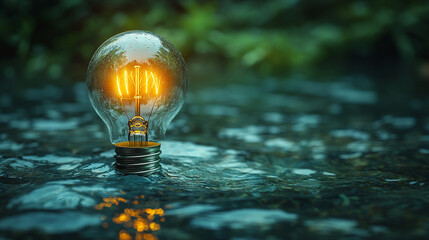 A single lightbulb floating partially submerged on calm clear water representing innovation ideas clarity and introspection with modern blurred background empty space for text or captions

