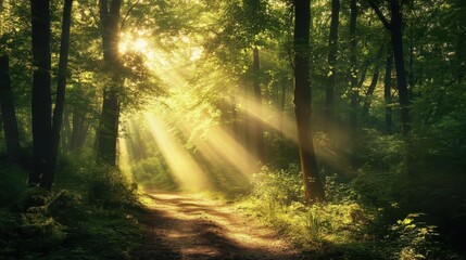 Obraz premium Sunbeams Illuminate Forest Path