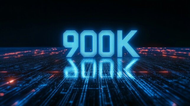 Glowing Blue Digital 3D Number 900K on Futuristic Technological Background. 900000 Subscribers