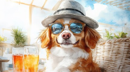 Trendy Dog with Glasses and Hat in Vibrant Colors