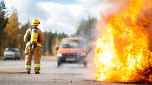 Brave firefighter battling a fierce blaze on the road, showcasing the importance of emergency response and fire safety in challenging situations