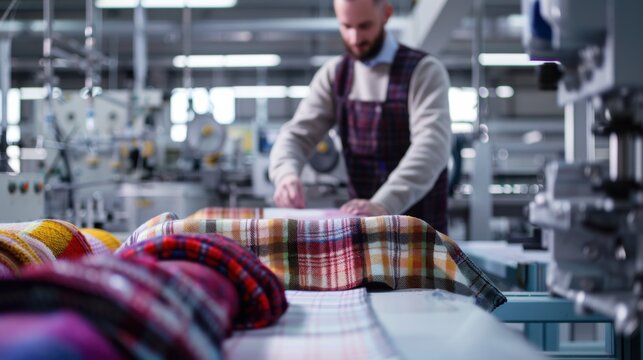 A textile engineer testing fabric strength in a modern lab, with testing machines and fabric samples in the background, Textile lab scene