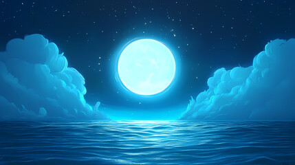 Tranquil ocean night with a radiant full moon casting its glow over calm waters under starlit clouds. Galactic Ocean Glow. Illustration