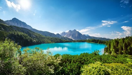 Naklejka premium majestic blue mountain lake with inexperienced bushes