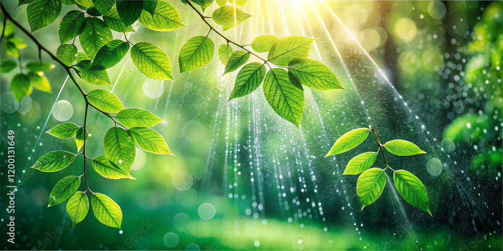 Poster sunlight streams through vibrant green leaves while gentle raindrops fall, creating a tranquil mood 