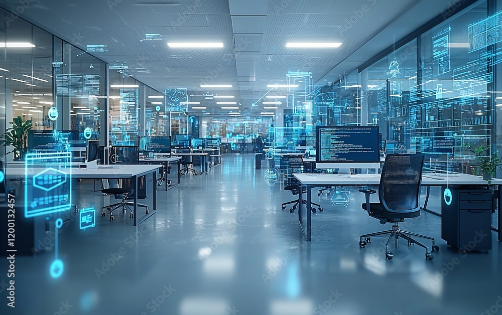 Poster modern tech office with digital data overlay.