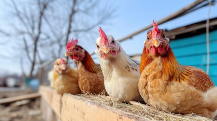Chickens resting peacefully in a cozy cage under a clear sky