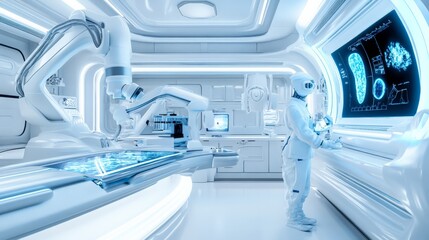 Futuristic laboratory with robots and holographic microscopes.