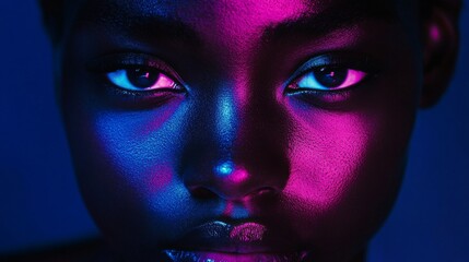 Close-up portrait highlighting vibrant, colorful lighting on a smooth, dark-skinned face with striking eyes