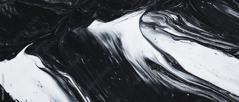 Poster bold strokes and dynamic texture create a captivating abstract landscape in black and white hues