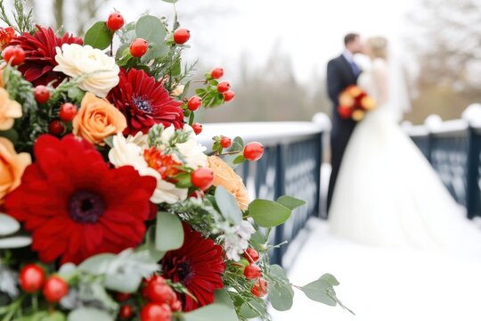 Romantic couple celebrating their wedding on a navy bridge adorned with vibrant flowers under a soft blue sky