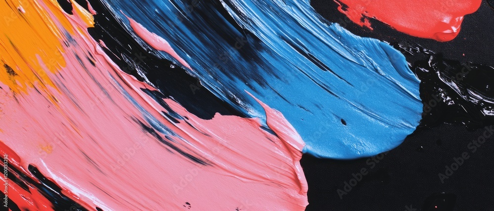 Poster brush strokes on canvas showcase vibrant textures and patterns in a colorful abstract design