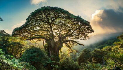 Obraz premium stunning dreamy jungle panorama with large vintage tree can be used as historical past or wallpaper