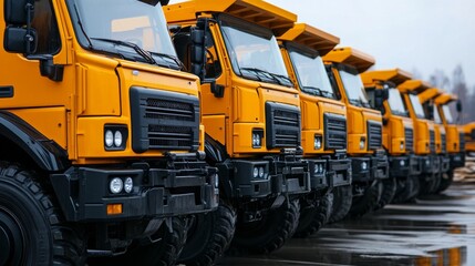 A row of yellow heavy-duty trucks parked in a line, showcasing their front details and rugged tires