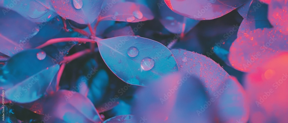 Poster dew drops glisten on vibrant leaves in a colorful nature setting showcasing intricate textures