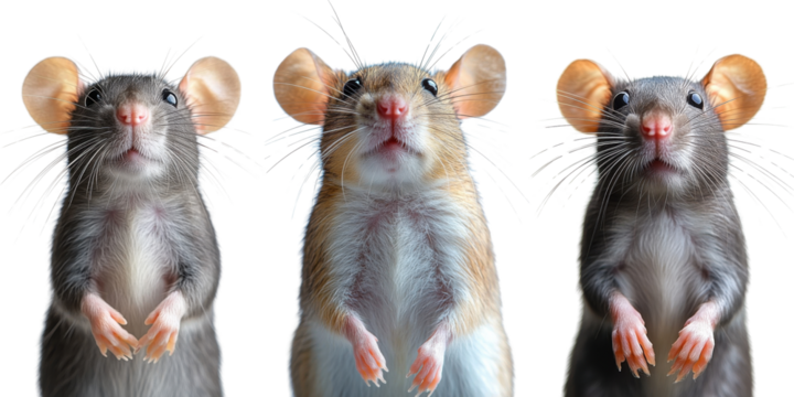 three cute rats isolated on white background