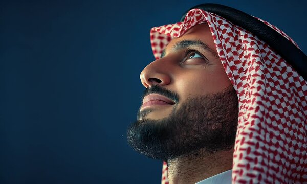 Zoom in to Saudi man looking up with proud and smile, wearing saudi arabian attire presentable and sharp, solid blue navy background, emotional with grain effect