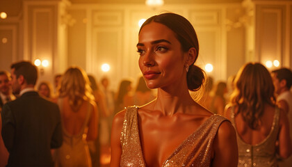 Elegant woman smiling at a glamorous party background