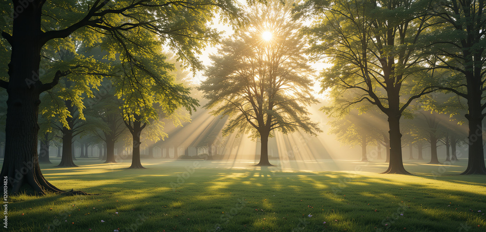 Poster sunlight streams through tall trees in a peaceful forest, creating a magical atmosphere filled with 