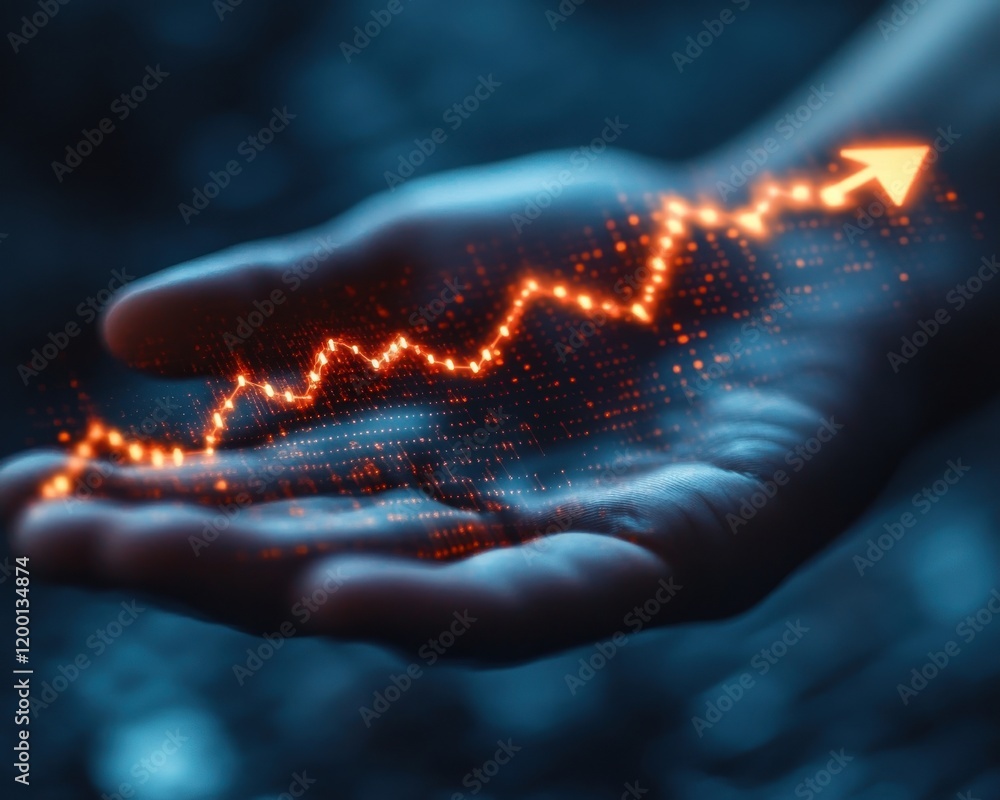 Poster a glowing graph indicating growth is projected upwards from an open hand, symbolizing potential and 