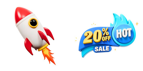 Promotion of a sale featuring a rocket and discount banner