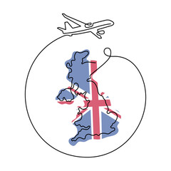 Travel Great Britain one line vector illustration. Map of Great Britain and airplane drawing.