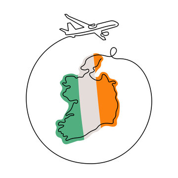 recommend clip art: Travel Ireland one line vector illustration. Map of Ireland and airplane drawing