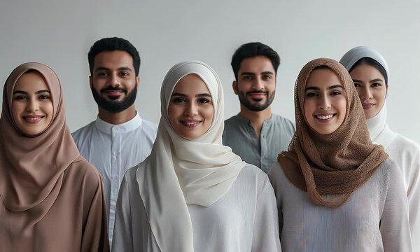 middle eastern people looking at the camera smiling , white studi light, isolated on white background