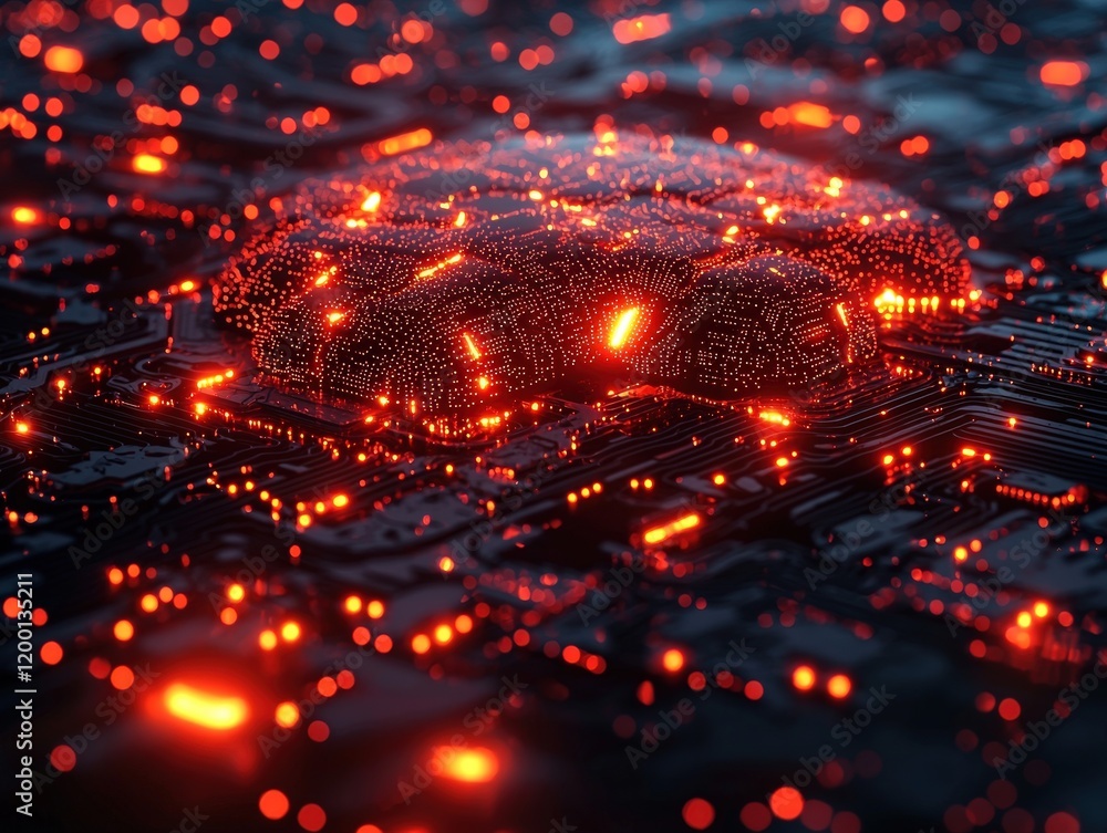 Poster a 3d rendered brain-shaped circuit board pulsates with fiery orange lights. ideal for illustrating a