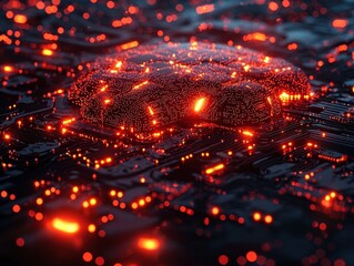 Fototapeta premium A 3D rendered brain-shaped circuit board pulsates with fiery orange lights. Ideal for illustrating AI, machine learning, or advanced technology concepts.