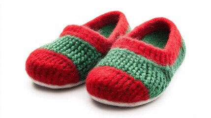 Cozy red and green knitted slippers, perfect for holiday lounging.