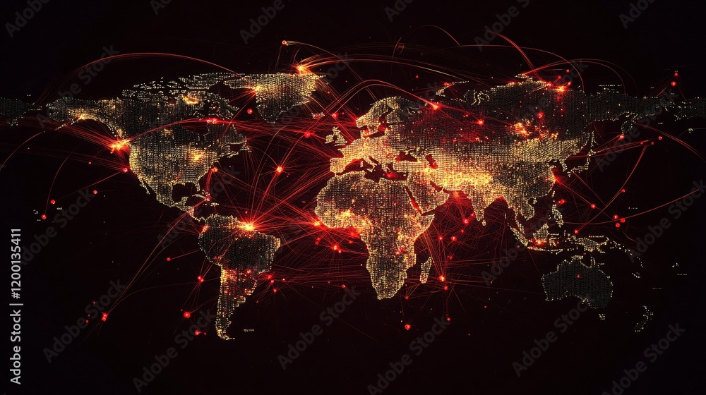 Poster illuminated world map with dynamic connectivity lines, showcasing global networking and technology i