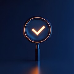 A glowing magnifying glass with a checkmark symbol against a dark background, symbolizing verification or confirmation.