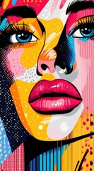 Abstract face of woman with colorful eyes, geometric patterns and shapes in the background, by organic surrealism, pop art, neo-pop illustration style