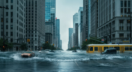 Urban Flood, City Street Submerged in Water