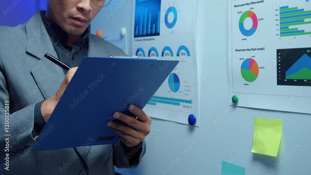 Poster businessman examines data charts and graphs, meticulously recording observations on a clipboard